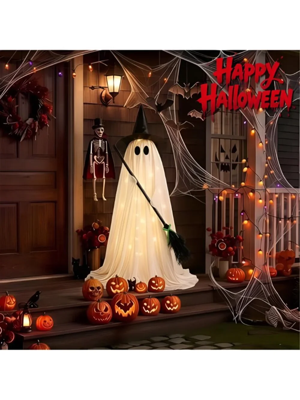 Halloween Decorations Outdoor Lighted Ghost, Witch Hat Broom Yard Decor